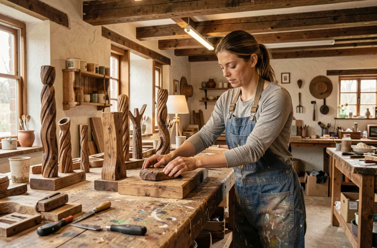 Créatrice de l'agence Robin Wood and Co arrangeant des décorations en bois artisanales dans un atelier chaleureux