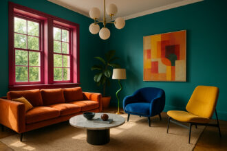 Salon moderne avec murs colorés et mobilier audacieux