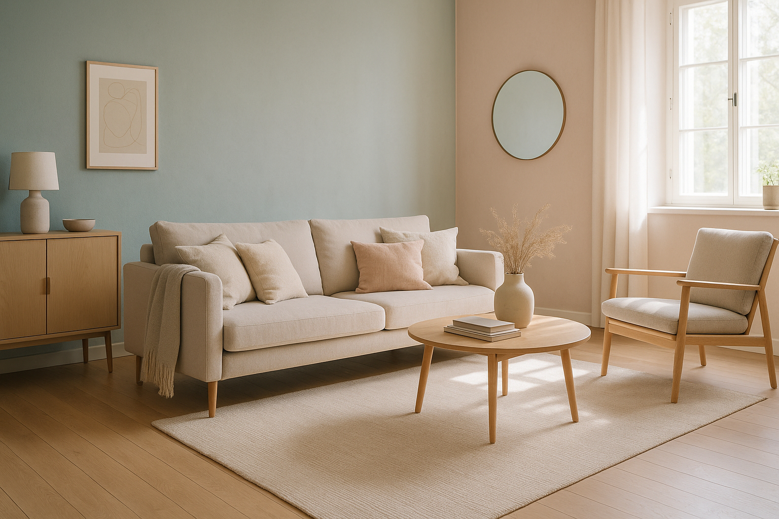 Salon scandinave avec murs pastel et décoration minimaliste