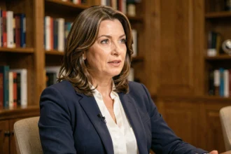 Femme élégante en veste marine donnant une interview dans un cadre feutré avec bibliothèque en bois