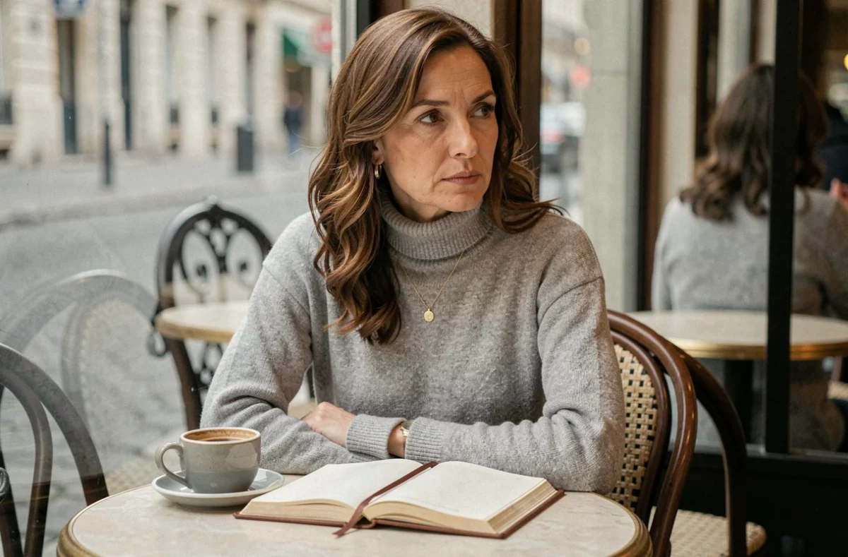 Femme pensive en col roulé gris attablée dans un café parisien avec carnet et espresso