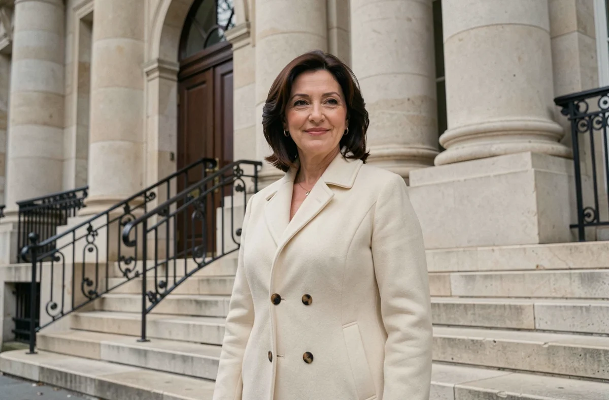 Femme distinguée en manteau crème devant un bâtiment parisien aux colonnes en pierre calcaire
