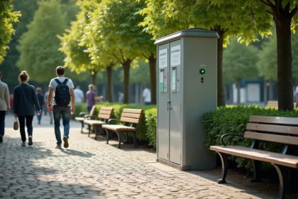 Sanisette moderne dans un parc urbain français avec indicateur de disponibilité vert et signalétique claire pour les toilettes publiques
