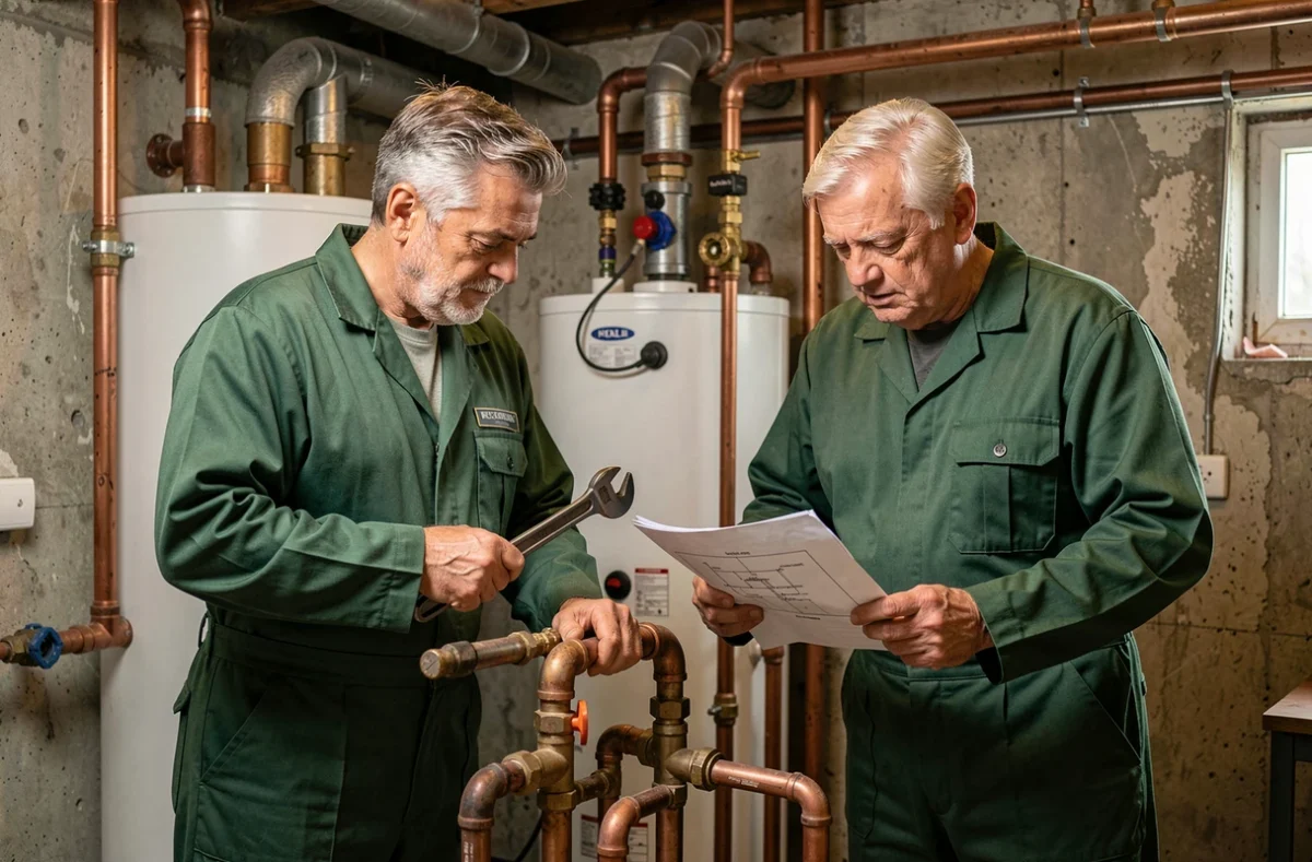 Equipe Sarl Yvard travaillant sur une installation de plomberie et chauffage en Mayenne