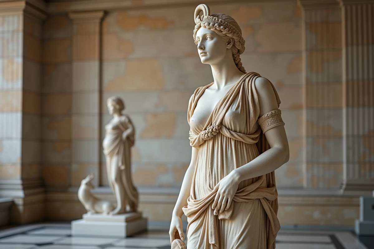 Sculpture en marbre de la déesse Artémis avec couronne de croissant de lune et cerf, exposée dans un musée archéologique