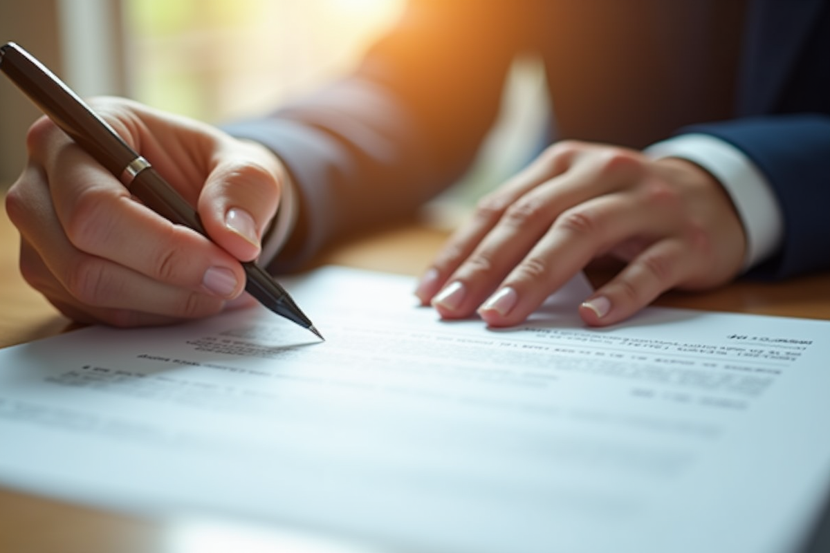 Gros plan sur une main signant un contrat officiel avec lumière naturelle