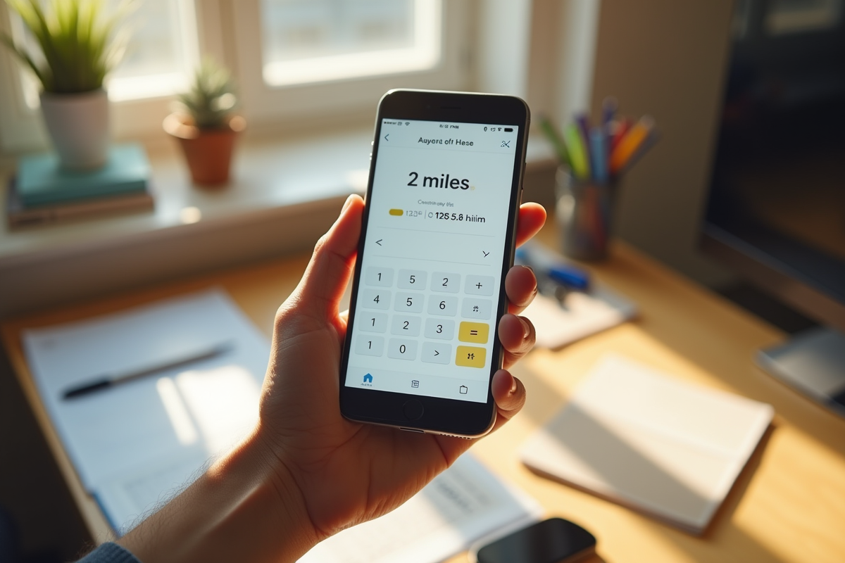 Main tenant un smartphone avec calculatrice miles km au bureau