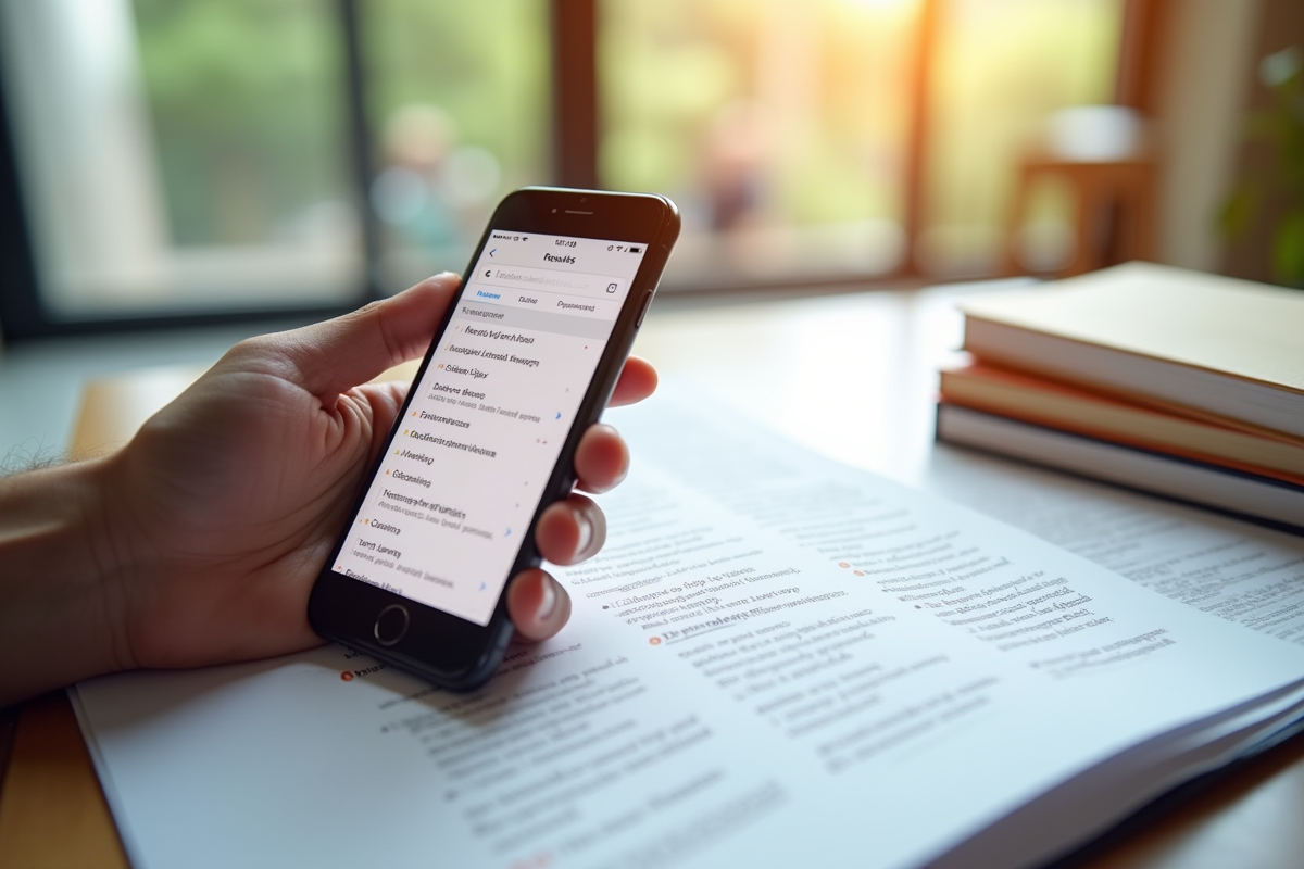 Main tenant un smartphone avec résultats de recherche et livres