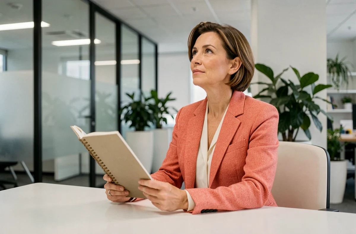Stratège en communication de SPARK PR assise à son bureau avec un plan médias ouvert dans un bureau moderne