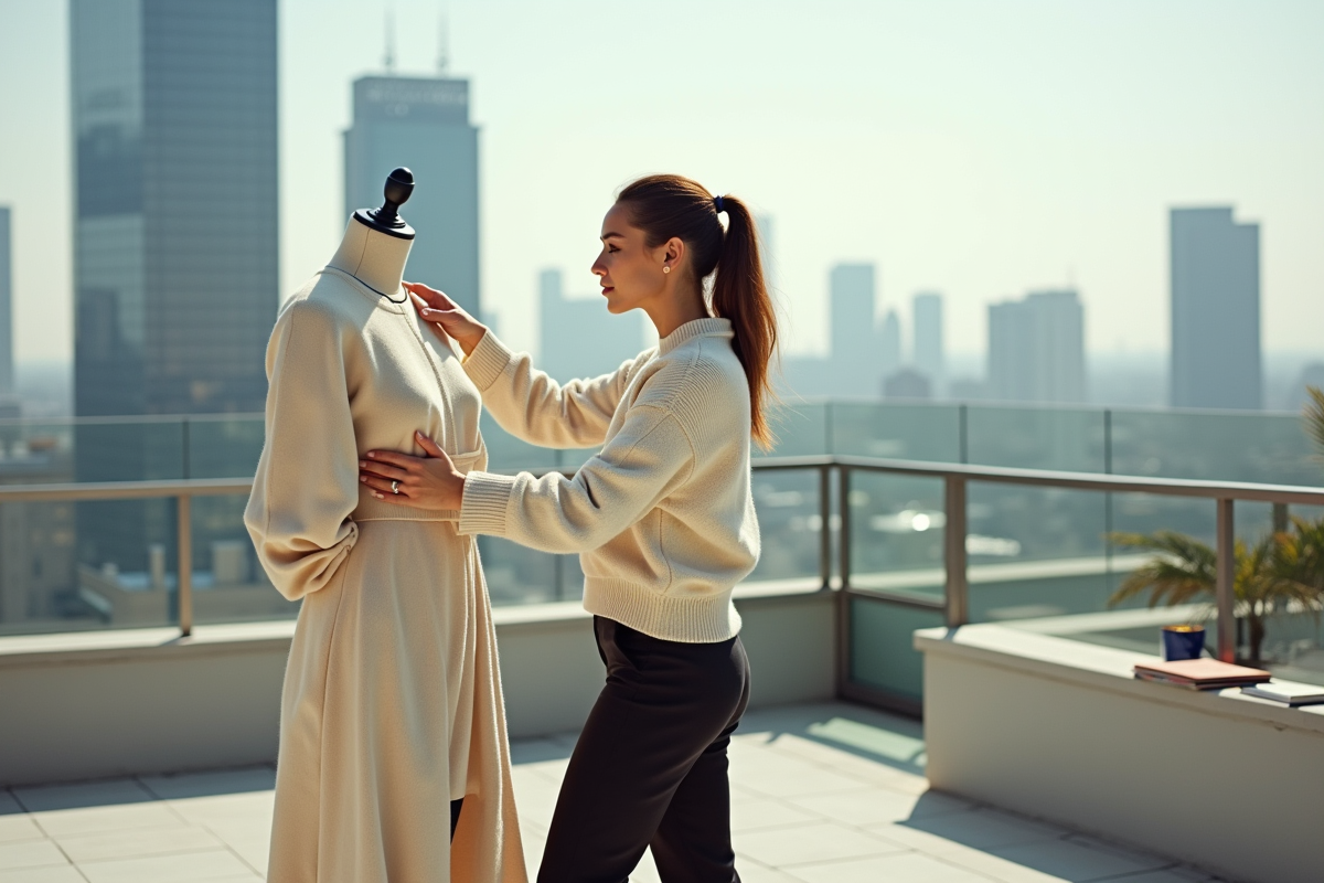 Styliste de mode ajustant une robe sur un mannequin en terrasse urbaine