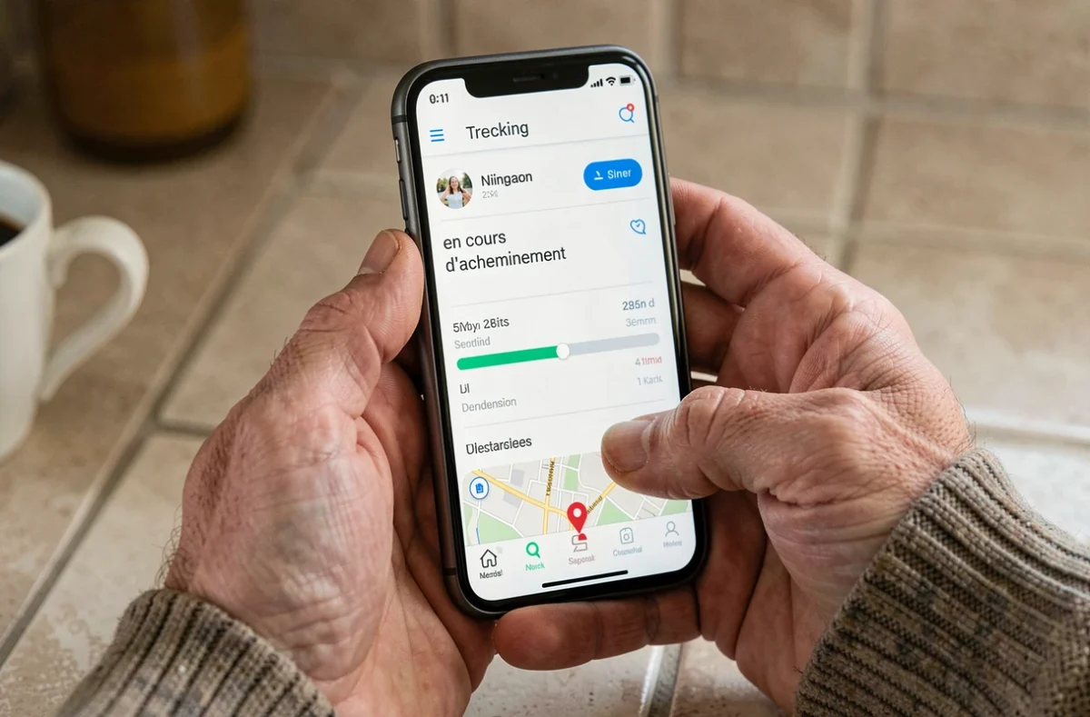 Personne consultant le suivi de colis en cours d'acheminement sur une application smartphone
