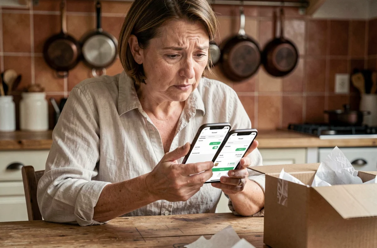Femme consultant le suivi de colis GLS sur son smartphone dans une cuisine française