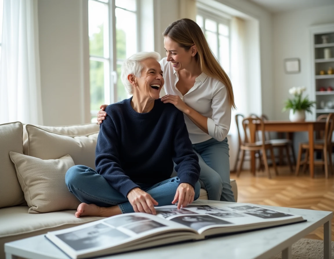 Femme élégante feuilletant des albums photos de famille sur un canapé avec un proche