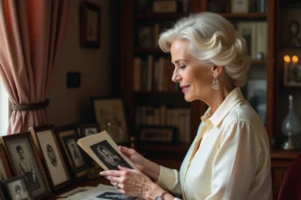 Sylvie Vartan tenant une photo de famille vintage dans un appartement parisien élégant