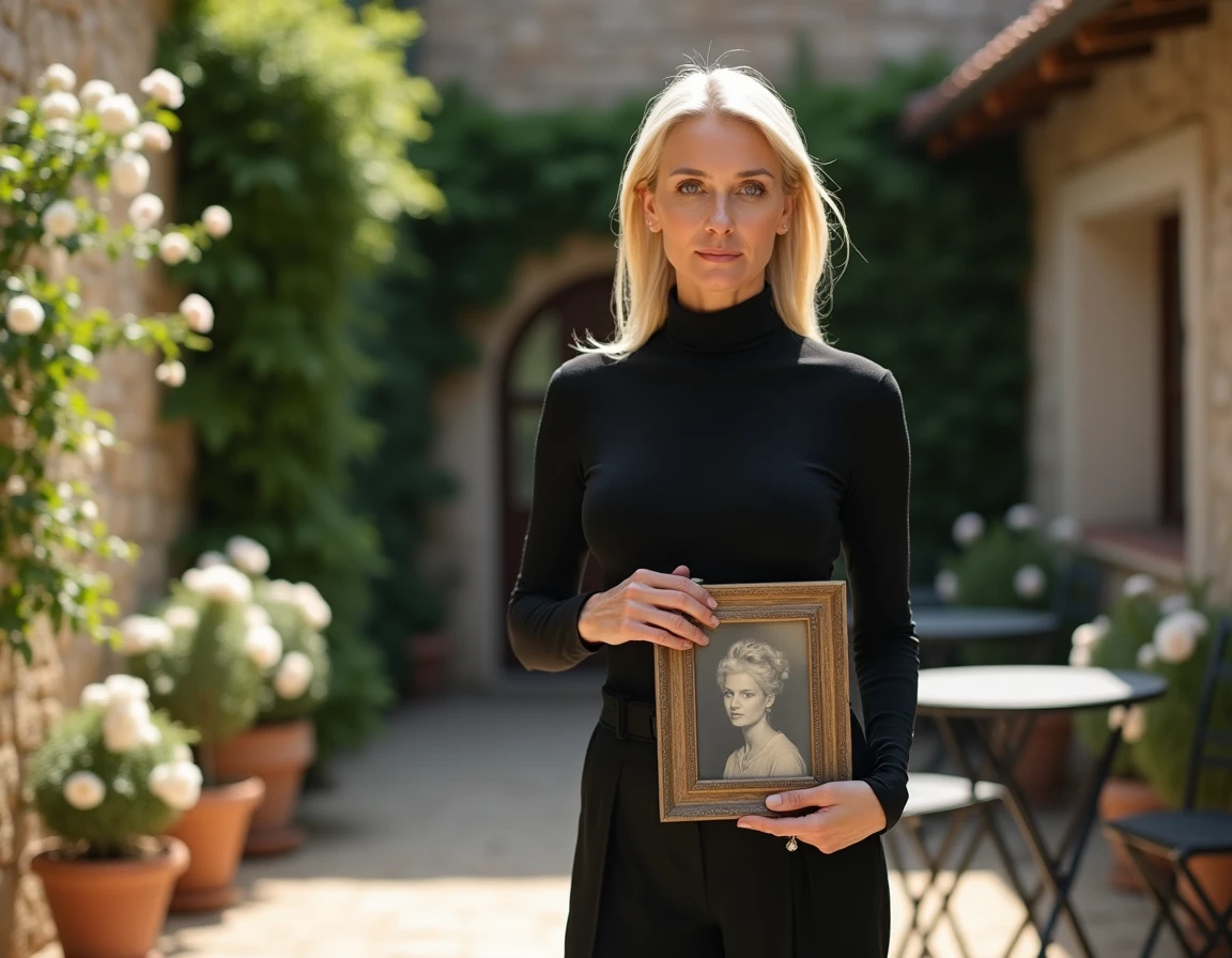 Femme posée tenant un portrait de famille dans un jardin provençal fleuri