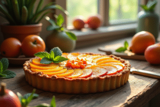 Table rustique avec tarte aux zapotes et fruits entiers