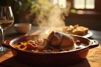 Table rustique avec plat de lapin aux prunes en casserole