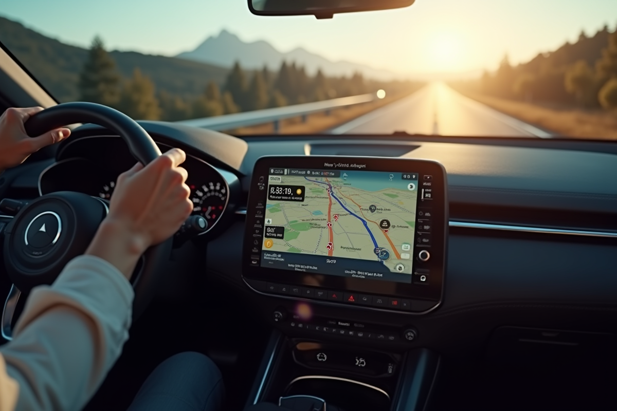 Tableau de bord de voiture avec navigation et mains