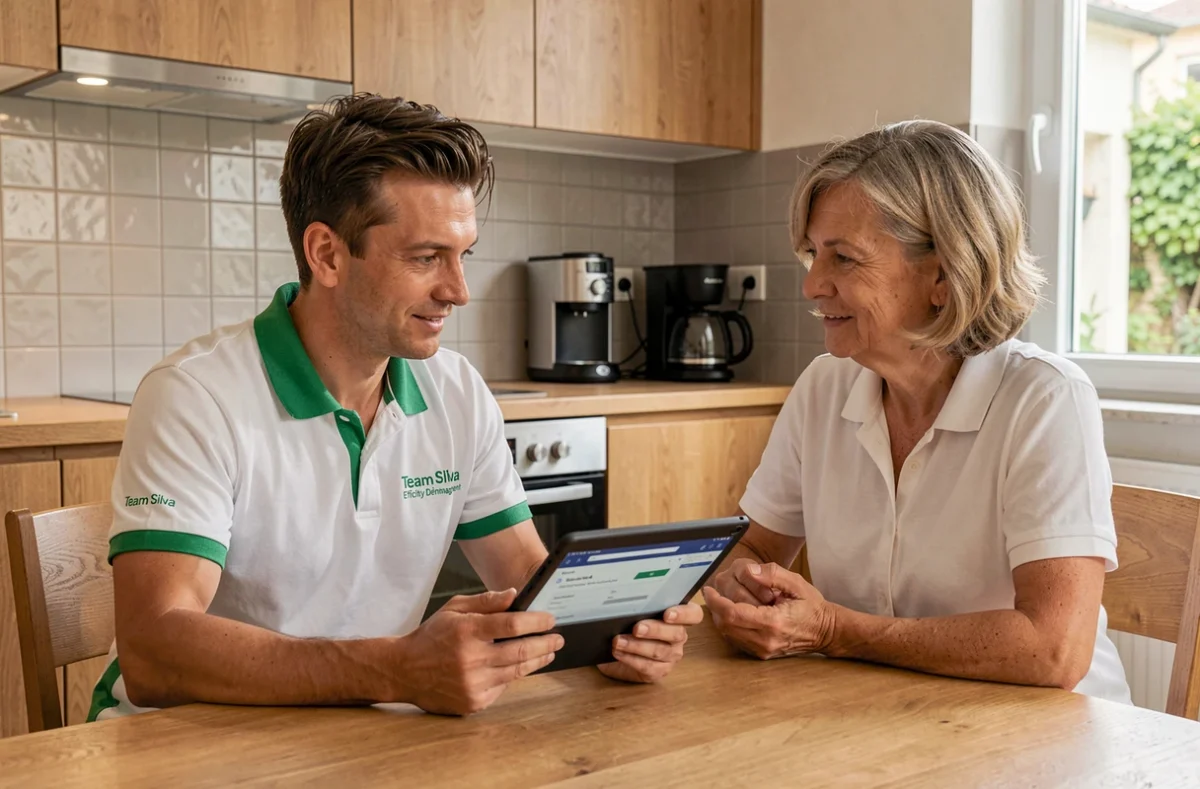 Conseiller de Team Silva Efficity Déménagement présentant un devis sur tablette à une cliente chez elle