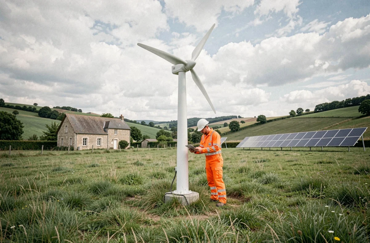 Technicien inspectant une installation d'éolienne et de panneaux solaires dans un champ agricole en France rurale