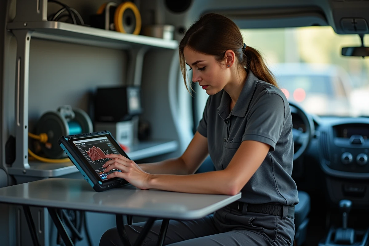 Technicienne analysant des données de signal TNT sur une tablette dans un véhicule d'intervention