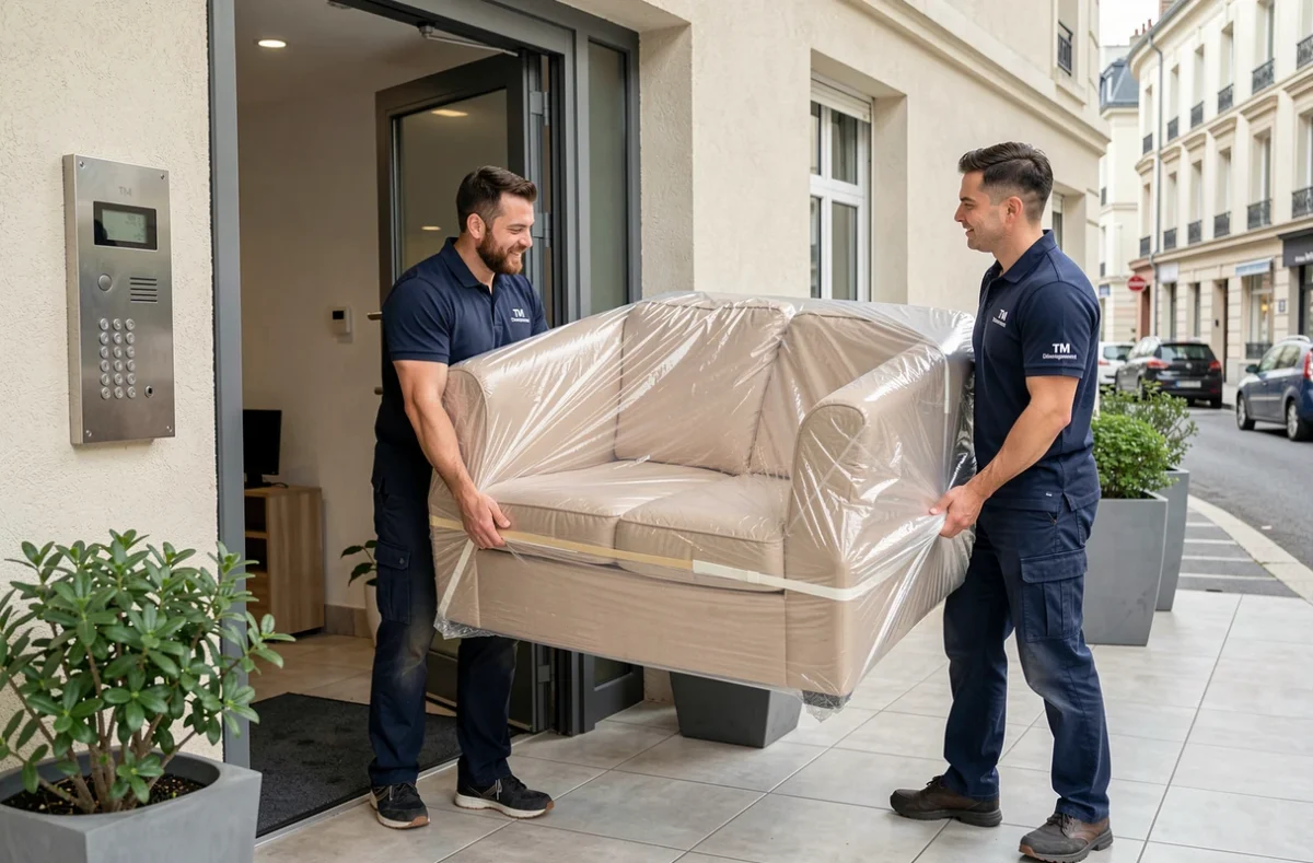 Deux déménageurs de TM Déménagement portant un canapé emballé à l'entrée d'un immeuble