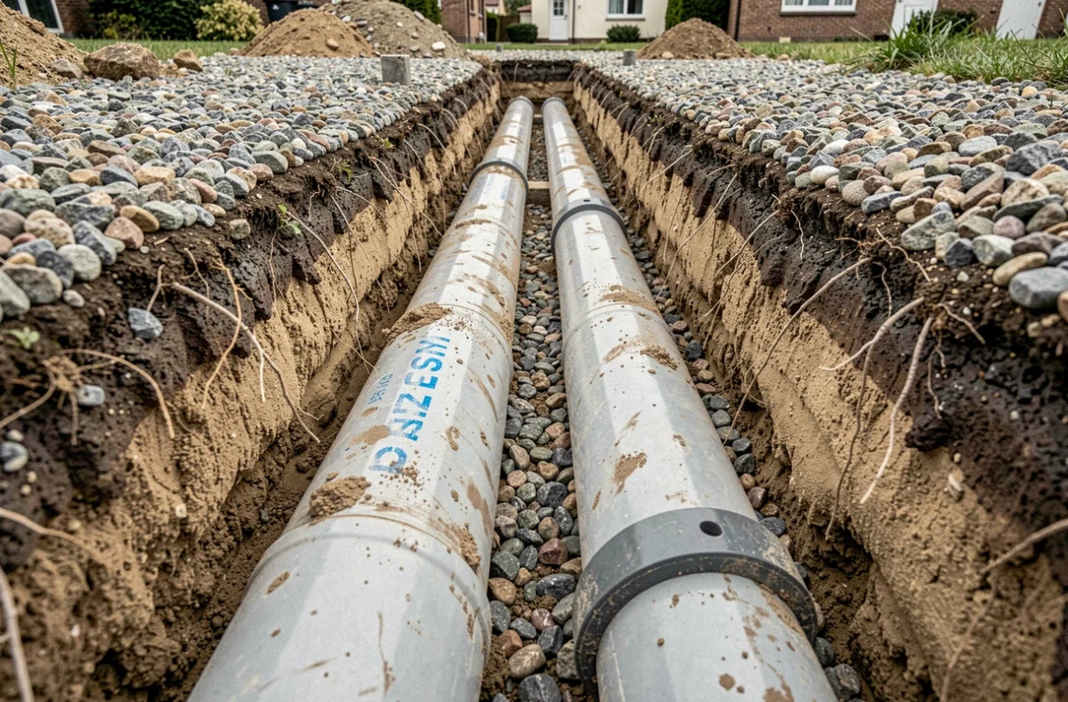 Tranchée montrant la séparation entre tuyaux d'eaux usées et eaux pluviales dans une installation résidentielle