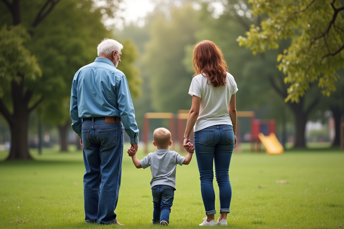 Trois générations se tiennent par la main dans un parc