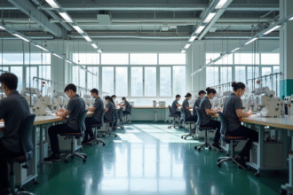 Grande usine de confection moderne avec machines et ouvriers
