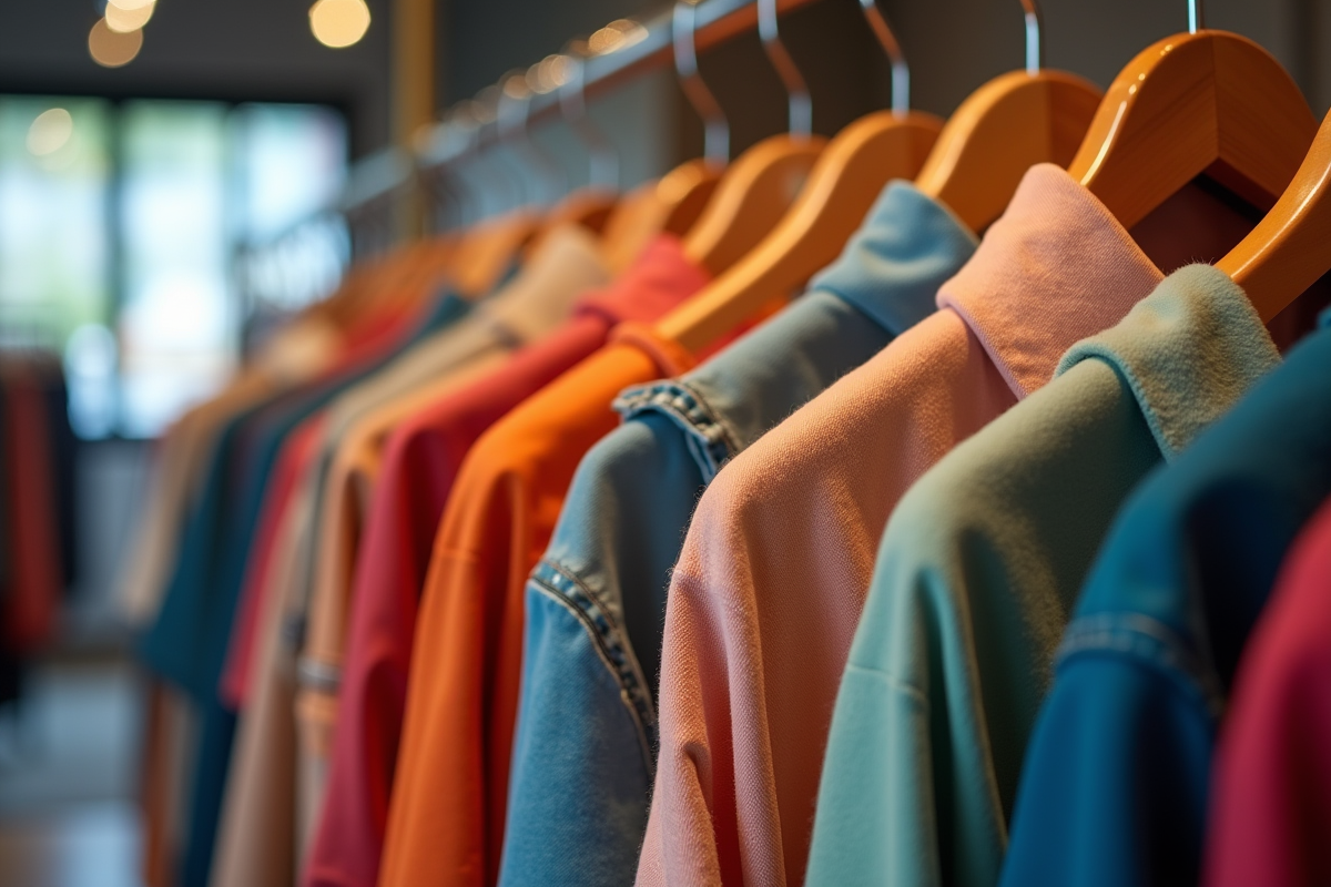 Vêtements colorés sur cintres avec étiquettes et textures textiles