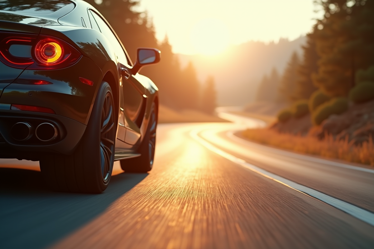 Voiture en mouvement sur une route sinueuse avec effet de chaleur
